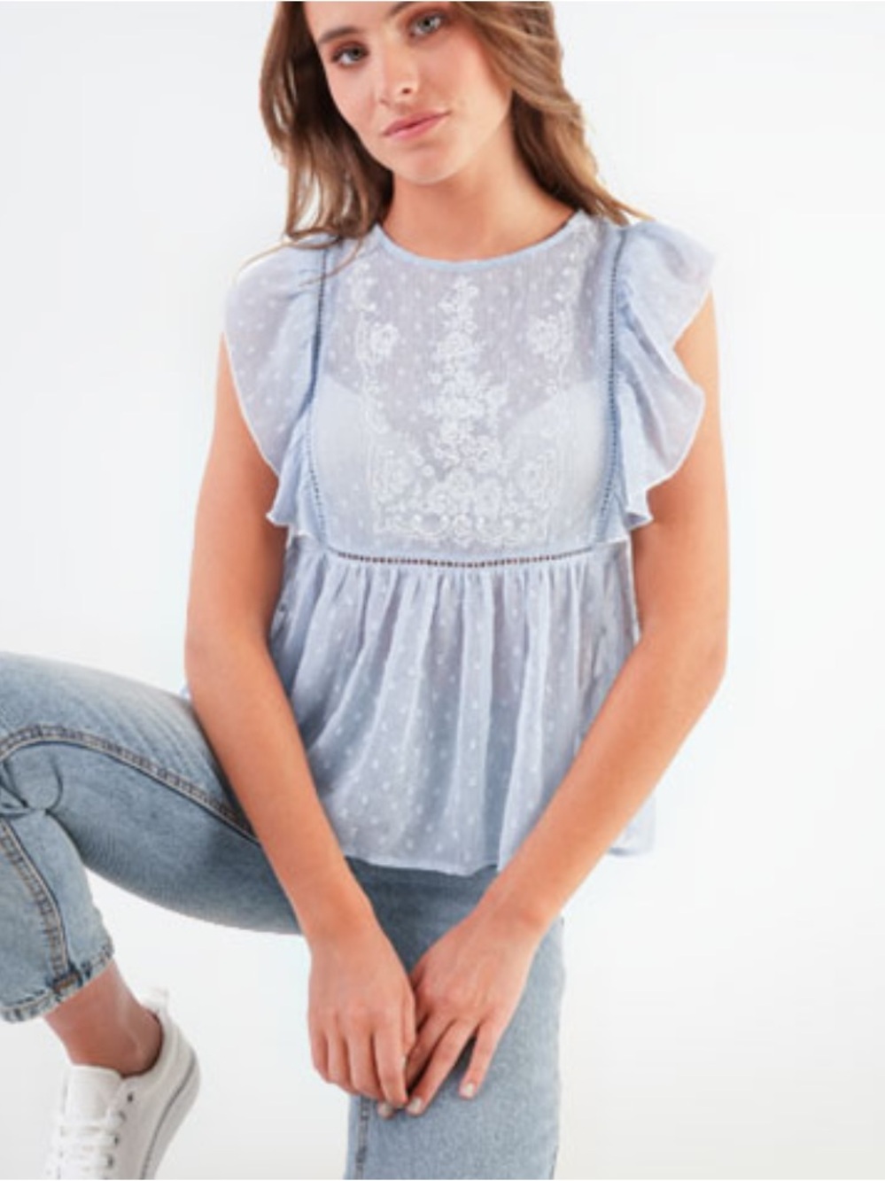 Stradivarius size L Light Blue Flutter Sleeve Embroidered Women's Top